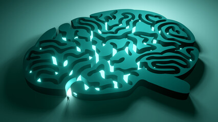 A man about to enter a puzzle maze of the human mind. Mental wellbeing concept 3D illustration.