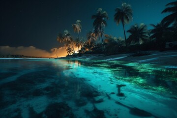 Fototapeta na wymiar vacation paradise night ocean tropical tree luminous beach sky palm blue. Generative AI.