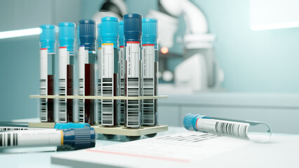 Glass Test tubes containing blood samples in a medical laboratory. 3D illustration.