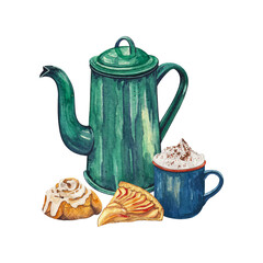 Tea and Coffee Lover.Watercolor Coffee and Tea Clipart. Watercolor Illustrations.Watercolor Creamy Coffees,Teapot and Mugs,Apple Pie and Cinnamon Rolls.Watercolor Elements Isolated on White Background