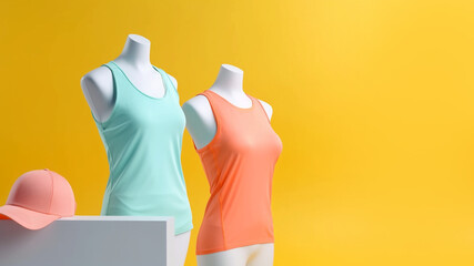 Composition with sportswear on mannequins on pastel background. Trendy colorful sportswear. Fitness, sports concept. Advertising, studio product photography. AI generated