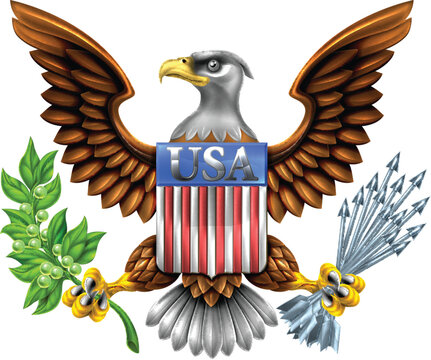 American Eagle Design with bald eagle like that found on the Great Seal of the United States holding an olive branch and arrows with American flag shield reading USA