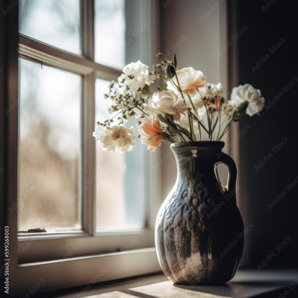 Poster a vase of flowers sitting on a window sill. ai generative image. generative ai