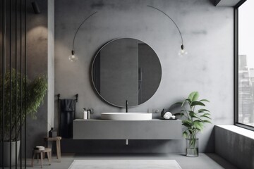 luxury concrete bathroom room sink design interior gray home mirror floor. Generative AI.
