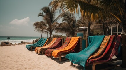 Tropical Getaway: Sun Loungers and Beach Towels in Front of Pristine Ocean View, AI Generative