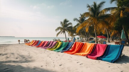 Beach Day Essentials: Sun Loungers and Colorful Beach Towels Set against Ocean View and Palm Trees, AI Generative