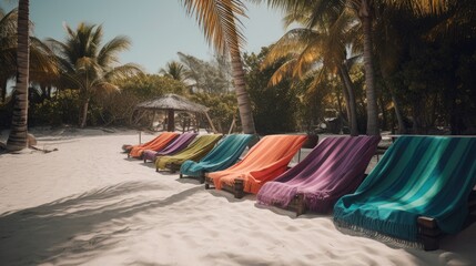 Obraz na płótnie Canvas Beach Essentials: A Row of Sun Loungers with Colorful Beach Towels Set against Ocean View, AI Generative