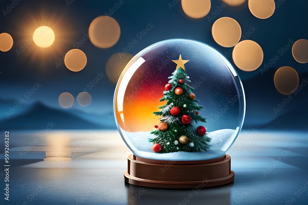 Wall mural snow globe with christmas tree and bokeh. christmas eve. generative ai