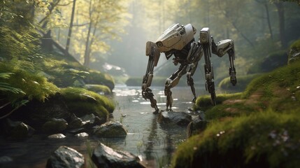 Robot walking through water in the forest. AI in the brook. Nature with robot technology. Green trees.