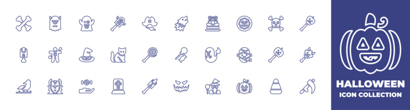 Halloween line icon collection. Editable stroke. Vector illustration. Containing bones, monster, ghost, halloween candy, pirate hat, wolf, biscuit, skull, finger, voodoo doll, witch hat, and more.