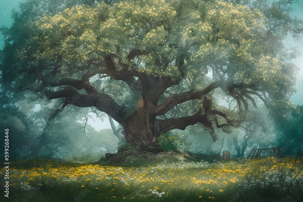 Poster an image depicting a large tree planted smack dab in the center of a grassy plain generative ai