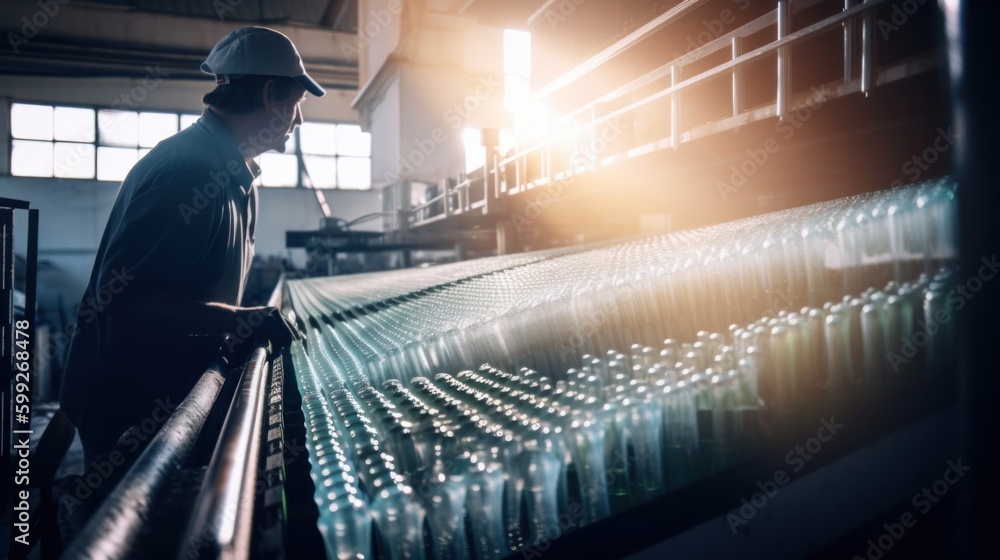 Poster a man standing in front of a conveyor belt. ai generative image. generative ai