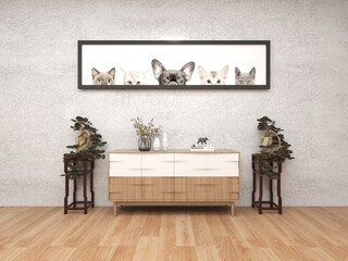 3D photo with a beautiful picture with a few cute animals in a row and an attractive product design for a furniture shelf