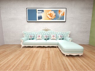 Image of a 3D room interior with a charming lounge chair and paintings
