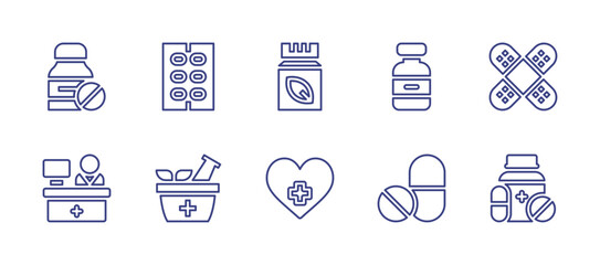 Pharmacy line icon set. Editable stroke. Vector illustration. Containing pills, capsule, herbal, vaccine, bandage, pharmacist, mortar, hospital, medicine.