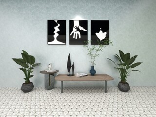 3D illustration of a shelf of plants and a beautiful space in the form of a picture with many meanings.