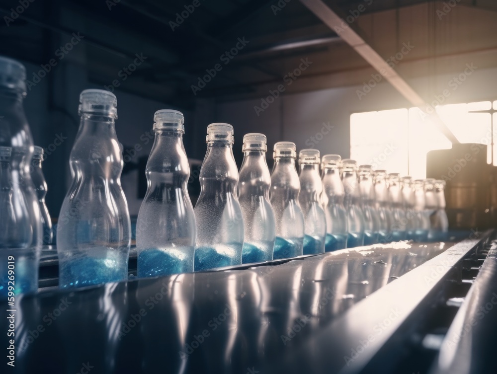Poster a line of empty bottles on a conveyor belt. ai generative image. generative ai