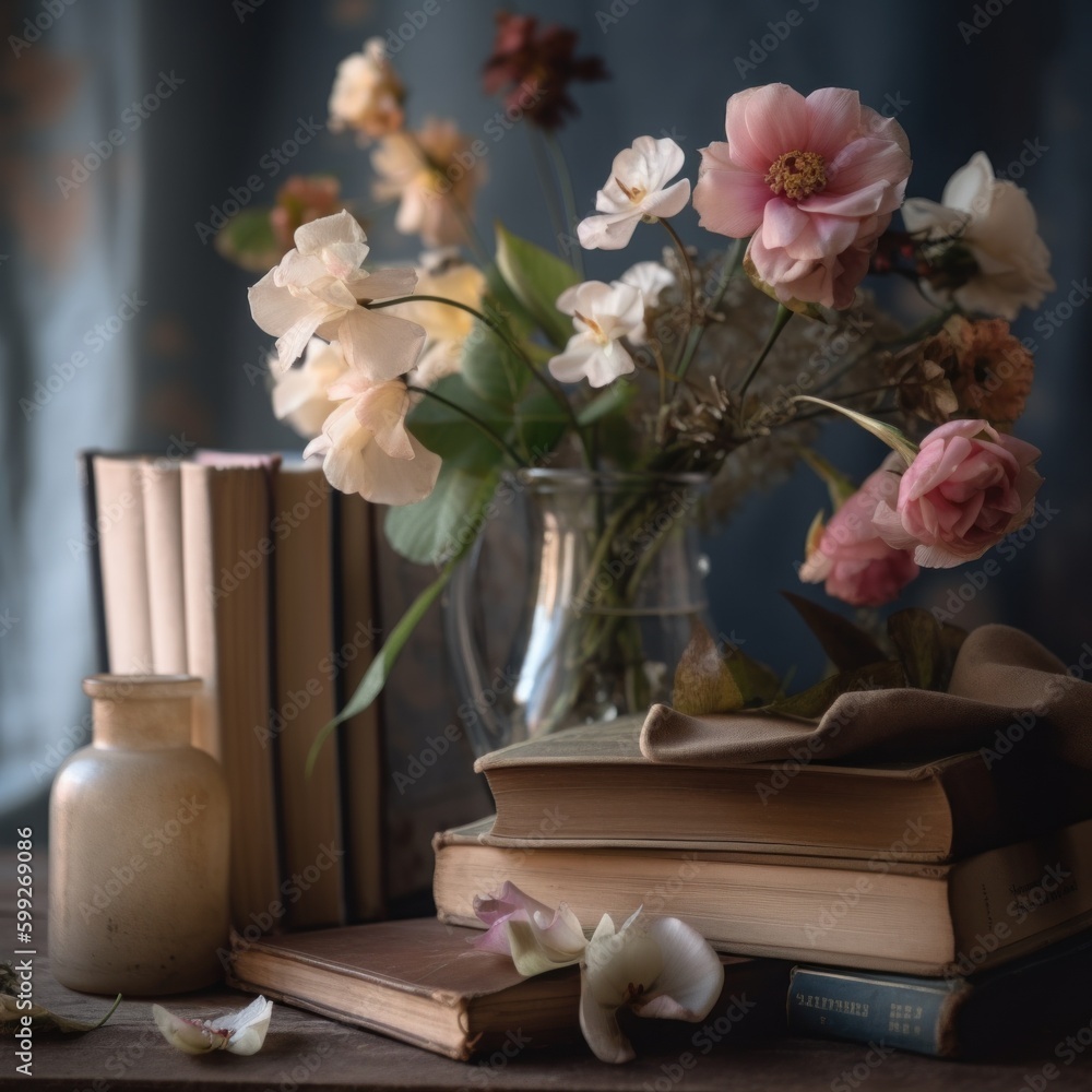 Poster a vase filled with flowers sitting on top of a table. ai generative image. generative ai