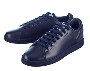 Fashionable modern sneakers made of blue soft leather, lace-up, isolated on a white background. - 599269021