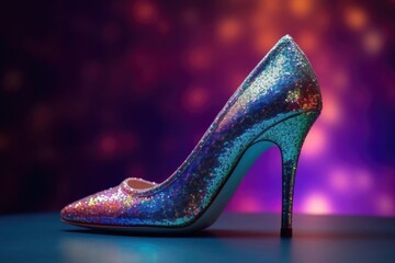 Obraz premium Right Side Rainbow Female Glitter Dress Shoe Background With Copy Space Generative AI