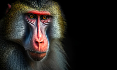Monkey on a black background, close-up, Generative AI.