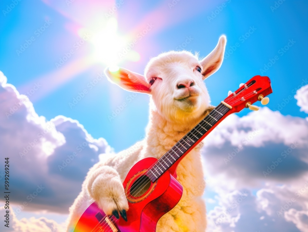 Poster a sheep with a guitar on its back. ai generative image. generative ai