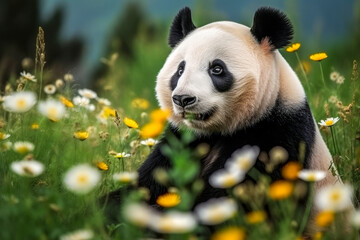 Naklejka premium Giant panda sitting on the grass with flowers in summer.. Generative AI.