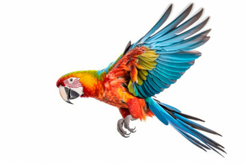 Fototapeta premium beautiful Scarlet macaw bird isolated on white background, side view. Generative AI.