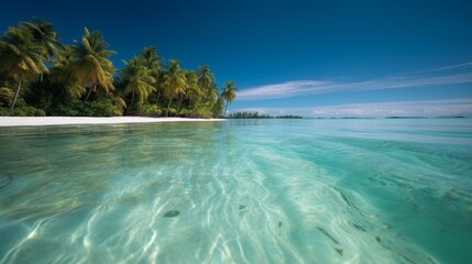 Tranquil beach scene with clear turquoise water and palm trees