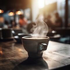 Steaming cup of coffee on wooden table with blurred cafe background