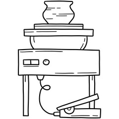 Potter's wheel with pedal and pot, ceramic vector cartoon doodle icon