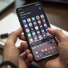 Hand holding smartphone with social media apps