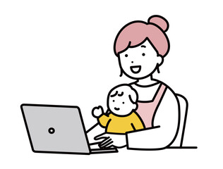 赤ちゃんを抱っこして在宅ワークをする女性のイラスト素材