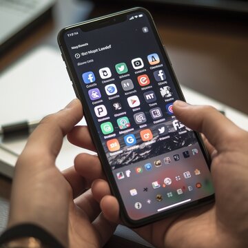 Hand holding smartphone with social media apps