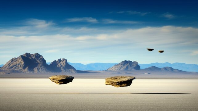 Surreal desert landscape with floating rocks and shimmering mirage