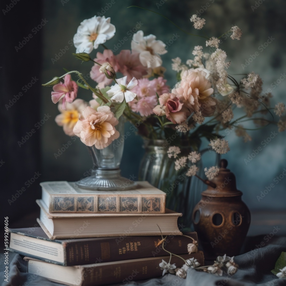 Aufkleber a bunch of books sitting on top of a table. ai generative image. generative ai