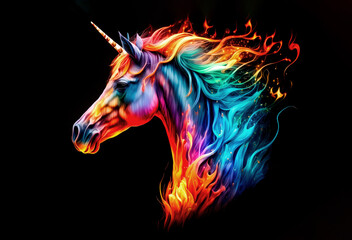 Obraz na płótnie Canvas Unicorn in the fire on a black background. Rainbow horse. Generative AI.