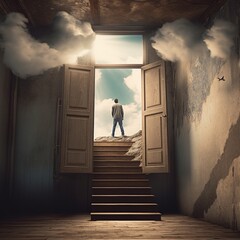 Person ascending gravity-defying staircase to a mysterious door in the sky