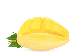 Mango fruits with slices and leaves isolated on white background.