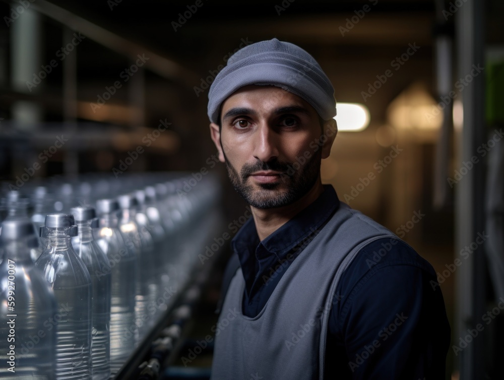 Poster a man standing in front of a line of water bottles. ai generative image. generative ai