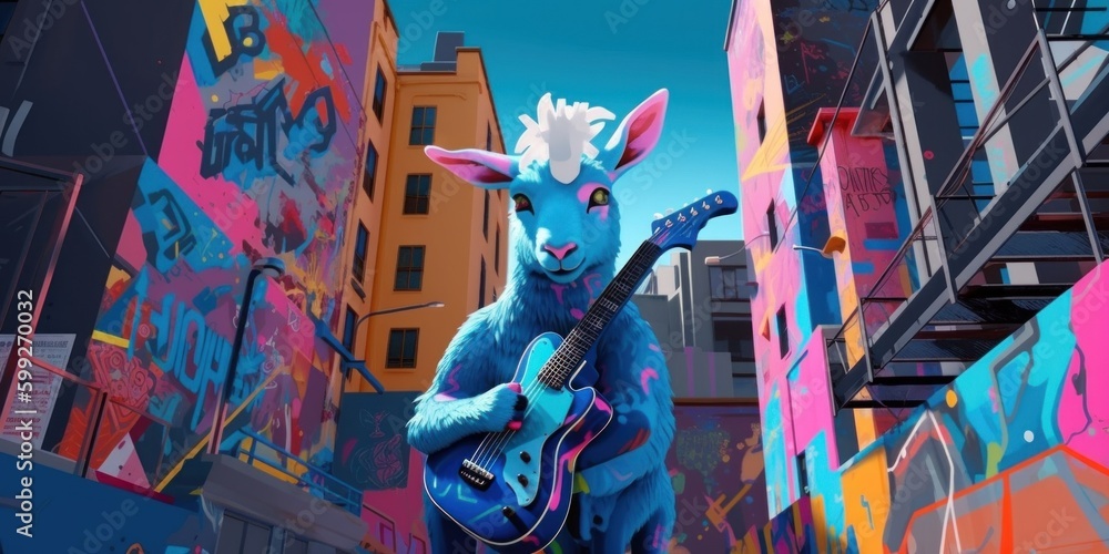 Poster a blue goat with a guitar in front of a building. ai generative image. generative ai