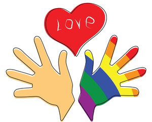 Gay couple hands with LGBT rainbow flag and heart. Vector illustration.