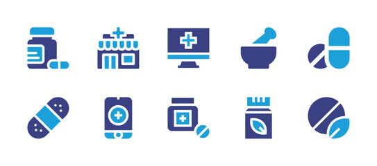 Fototapeta na wymiar Pharmacy icon set. Duotone color. Vector illustration. Containing pills, pharmacy, online pharmacy, mortar, drugs, patch, herbal.