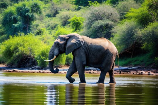 African forest elephant and the River. Generative AI
