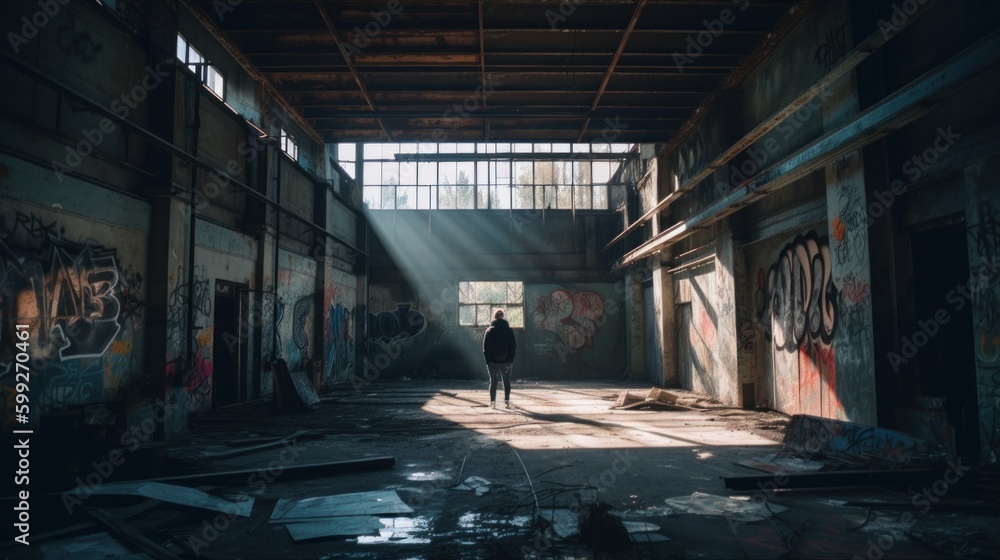 Poster a person standing in an abandoned building with graffiti on the walls. ai generative image. generati