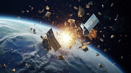 Two satellites clashing in orbit and creating space debris. Generative AI.