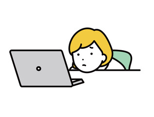パソコンを見ながら落ち込んだ表情をする女性のイラスト素材