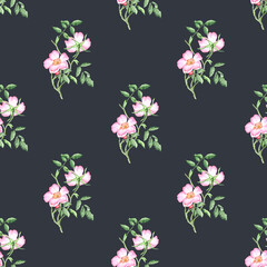 Wild rose watercolor seamless pattern, digital paper. Spring, summer flowers. Blooming rosehip. Delicate print. Floral pattern. Dark background. For printing on textiles, fabrics, wrapping paper.