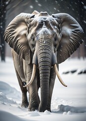 elephant walking in snow winter. Generative AI