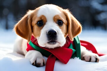 Santa-dressed Jack Russell puppy. Christmas holiday. Generative AI